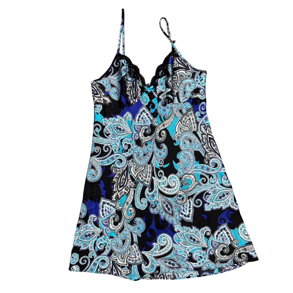 Vintage Y2K Blue Paisley Satin Lace Trim Slip Dress M sexy fairy whimsy